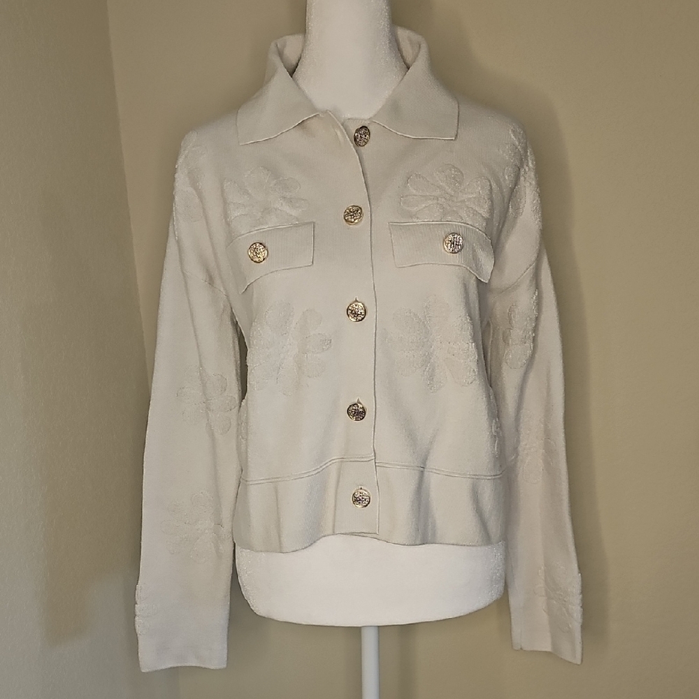 Laundry by Shelli Segal Sweater Off-White Embossed with Silver/Gold Buttons Sz M